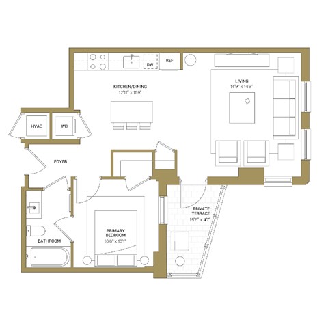 Floor plan for 1 bed, 1 bath, 688 sqft